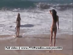 Faye and Larysa funny lesbians flashing on the beach